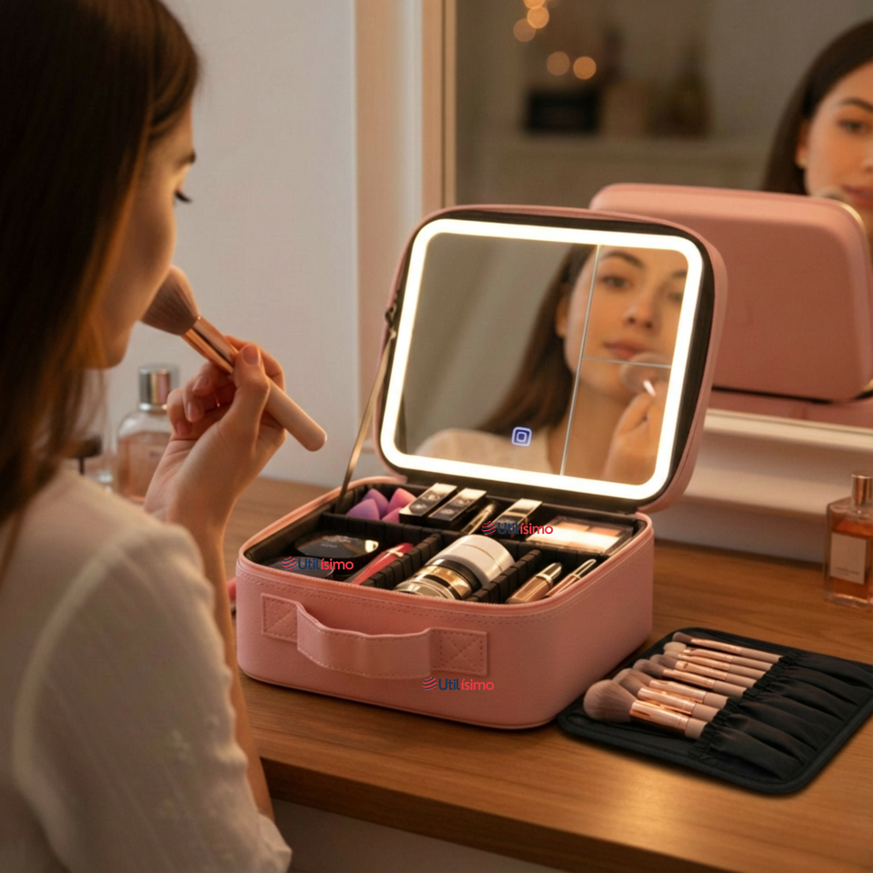 Estuche Maquillaje 2 en 1 Bolso Cosmetiquero Espejo Con Luz Led Organizador