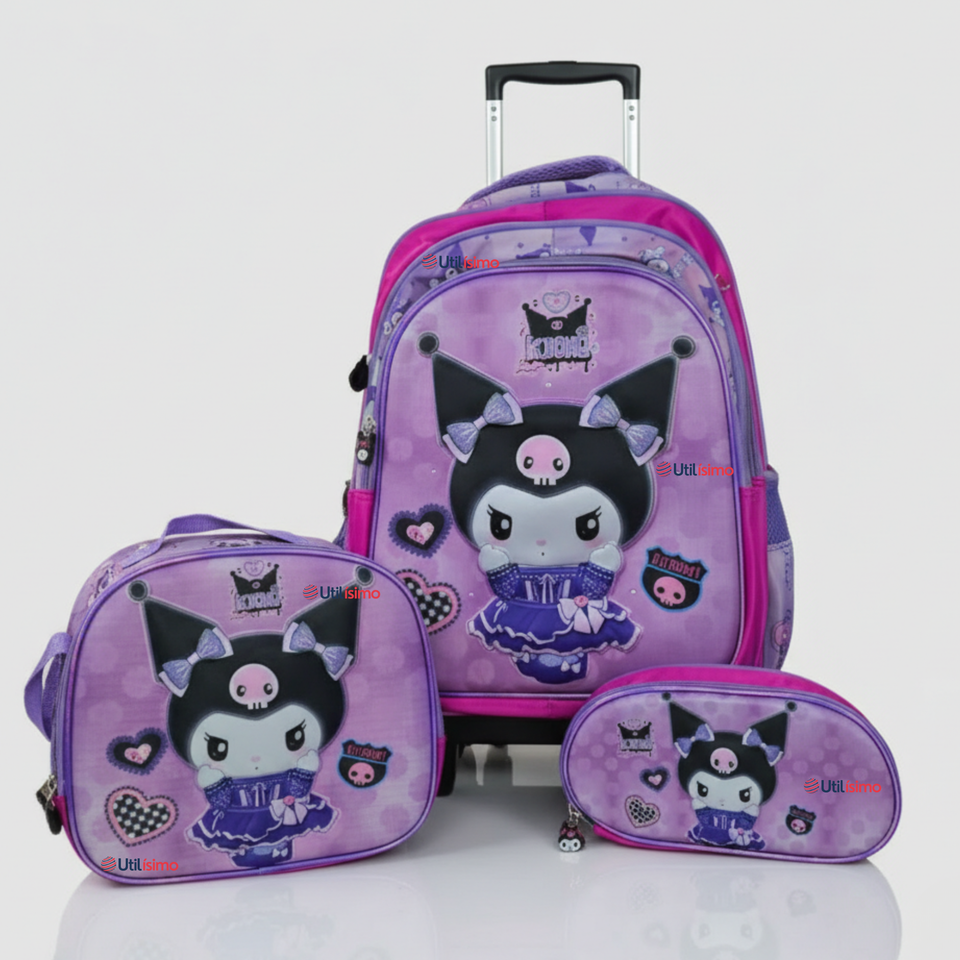 Mochila Kuromi Escolar Con Ruedas + Estuche + Lonchera Desmontable Poliéster Lila Niña