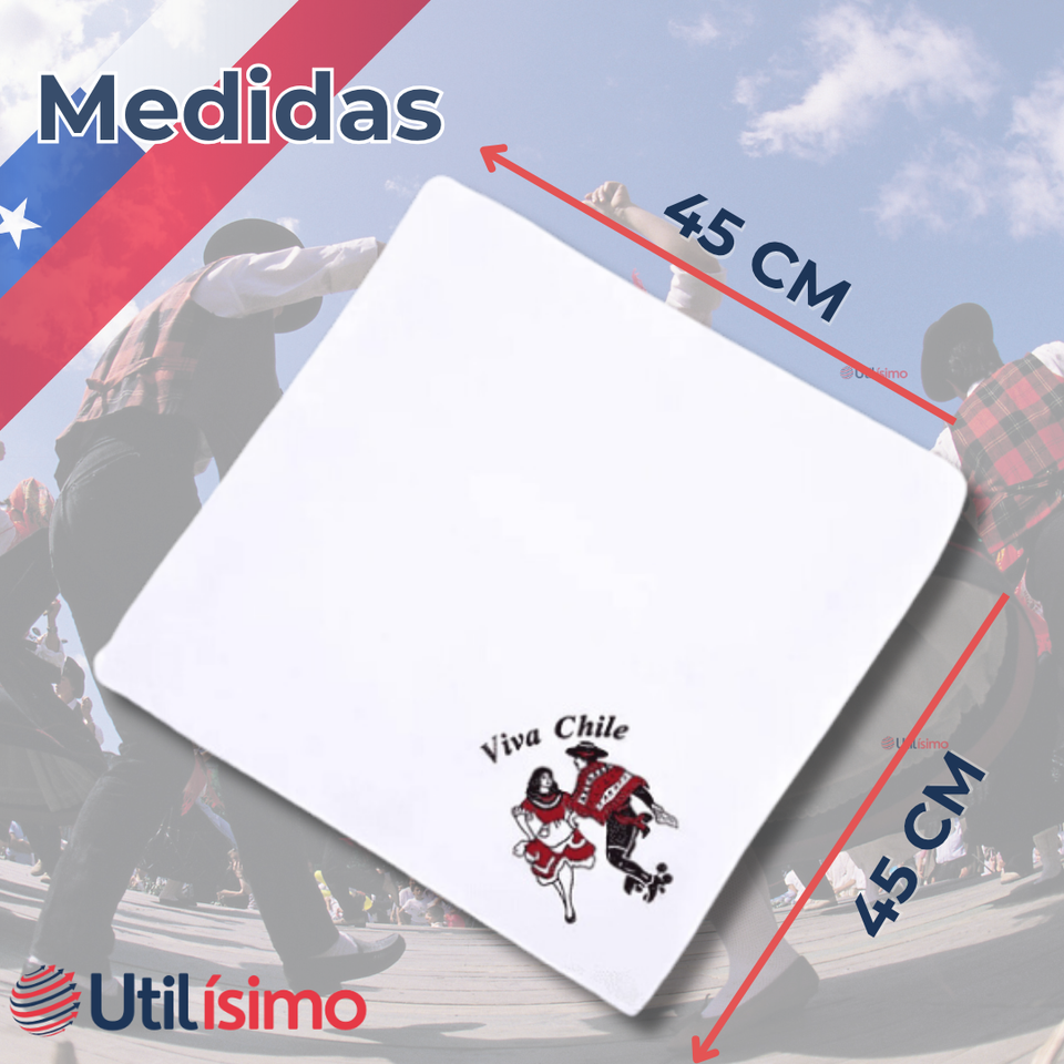 Pack 3 Pañuelos Baile Cueca 45CM Bordado Pareja Baile Fiestas Patrias