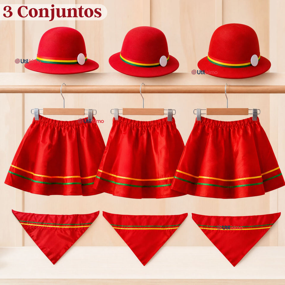 Pack 3 Trajes Nortinos Niña 3 piezas Rojos Baile Típico Fiestas Patrias