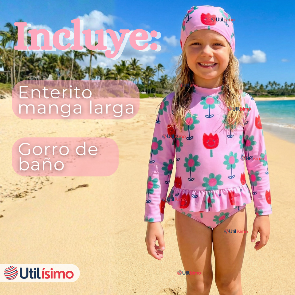 Traje de Baño Enterito Cremallera Manga Larga Con Gorro Niña 1 a 6 años Pink Flowers