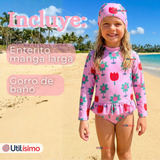 Traje de Baño Enterito Cremallera Manga Larga Con Gorro Niña 1 a 6 años Pink Flowers