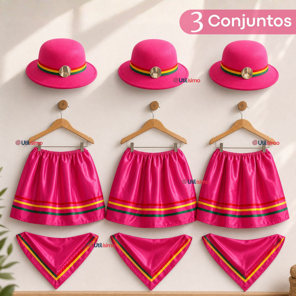 Pack 3 Trajes Nortinos Niña 3 piezas Fucsia Baile Típico Fiestas Patrias