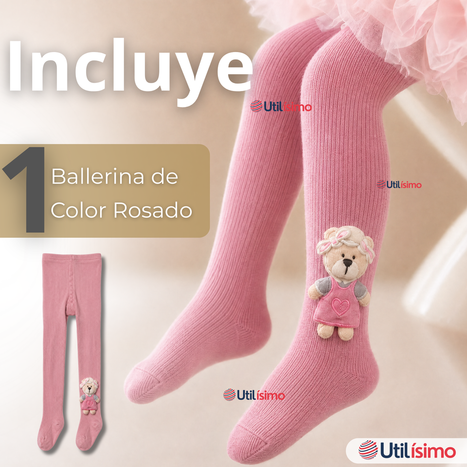 Panty 3D Osito Rosado Tejida Niña Ballerina 78% Algodón Premium