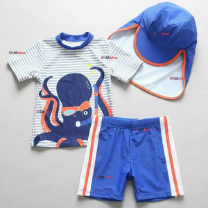Traje de Baño Con Gorro Pantalón Corto Manga Corta 3 Piezas Corte Split Niño 1 a 5 años Blue Octopus