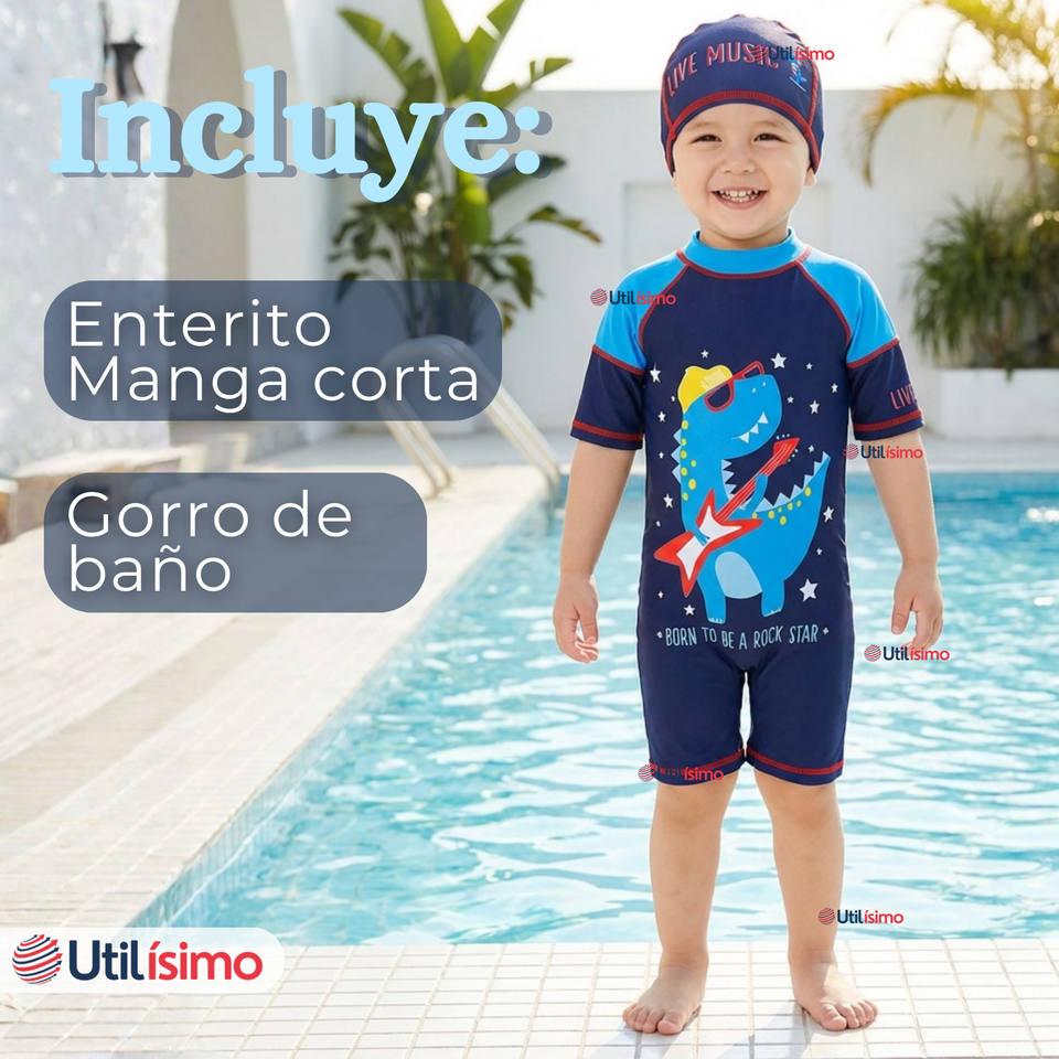 Traje de Baño Enterito Cremallera Manga Corta Con Gorro Niño 2 a 4 años Blue Dinosaur
