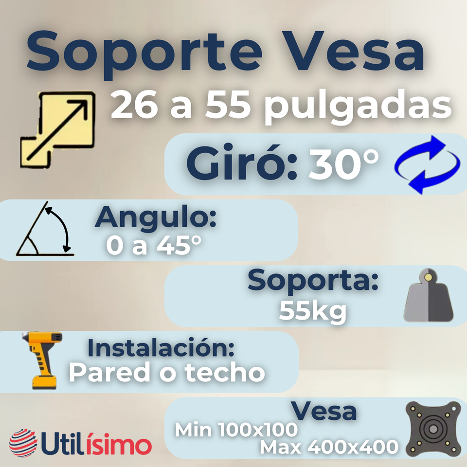 Soporte TV Techo Pared Ajustable 55Kg 26 a 55 Pulgadas 26 27 28 29 32 37 39 40 42 43 46 47 48 49 50 51 52 55