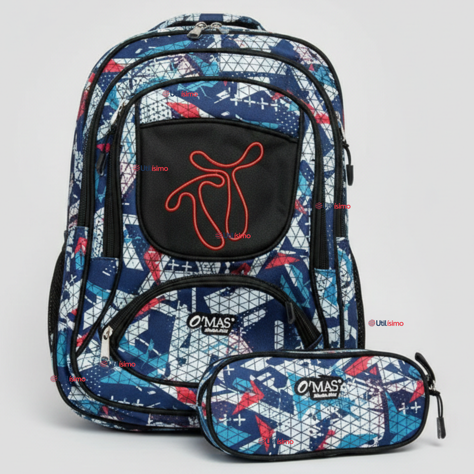 Mochila Escolar Bolso Con Estuche 43Cm Tela Oxford Niño Design Geometric