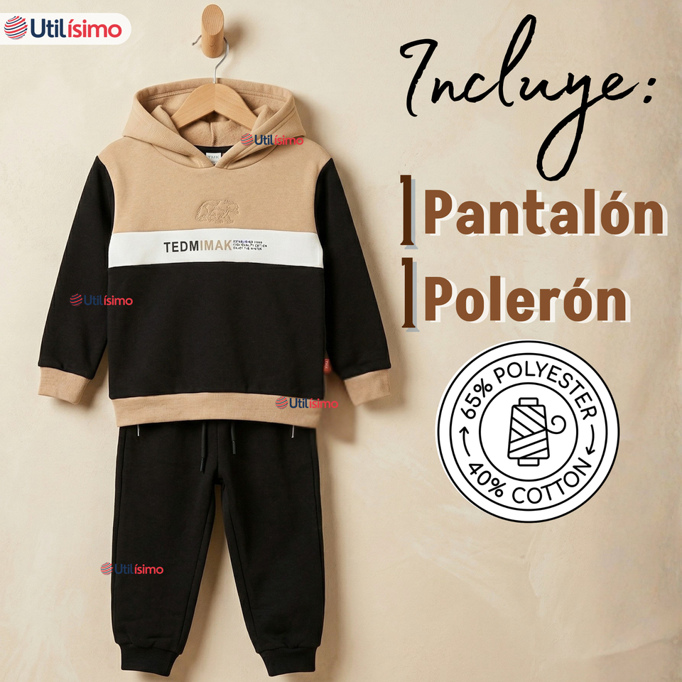 Conjunto 2 Piezas Buzo Pantalón Y Polerón Con Capucha Negro Niño