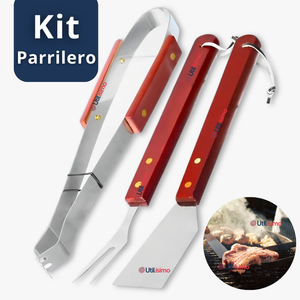 Kit Parrillero 3 Piezas Pinza Espátula Tenedor Para Asados Mango Madera Acero Inoxidable