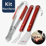 Kit Parrillero 3 Piezas Pinza Espátula Tenedor Para Asados Mango Madera Acero Inoxidable