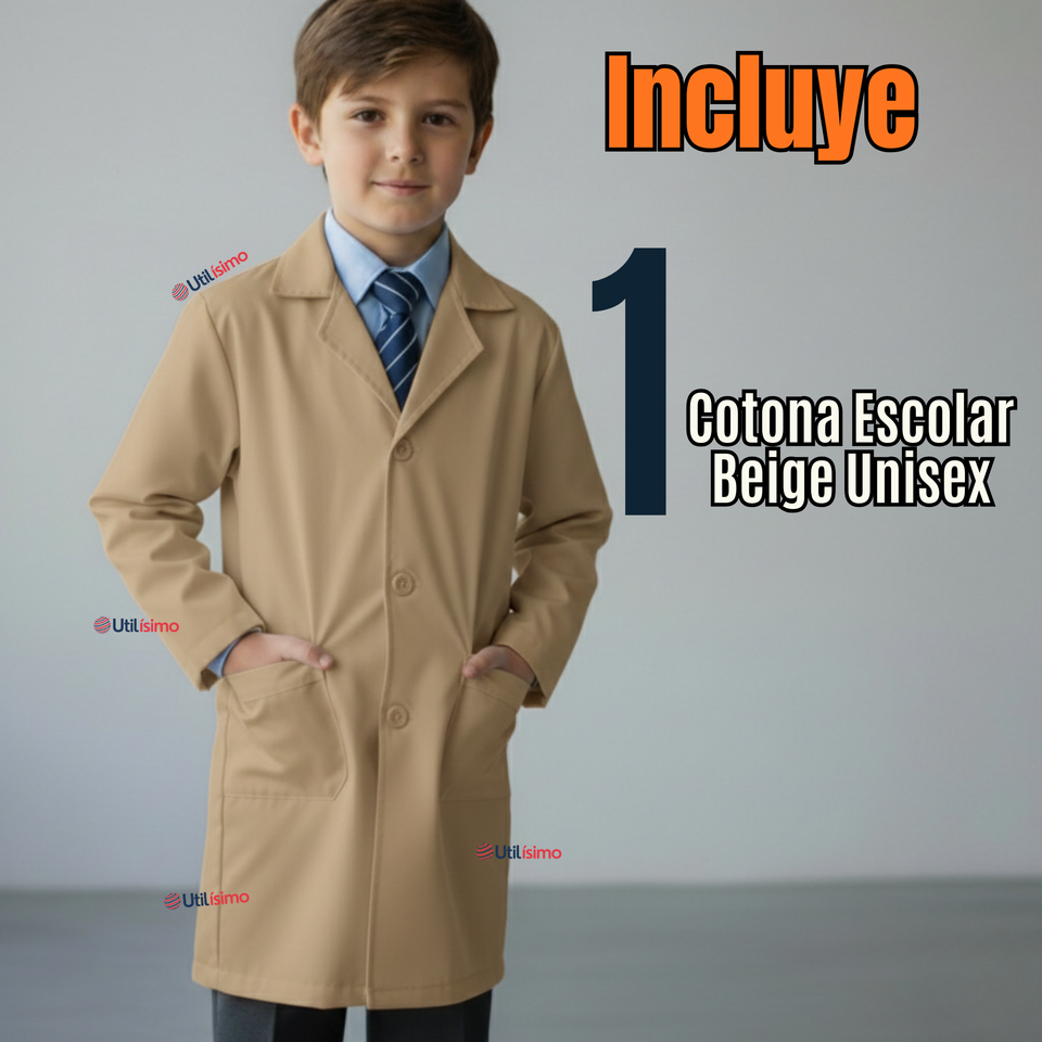 Cotona Delantal Escolar Beige Niño Niña Unisex Bata