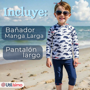 Traje de Baño Manga Larga Pantalón Largo 2 Piezas Corte Split Niño 3 a 9 años White Whale