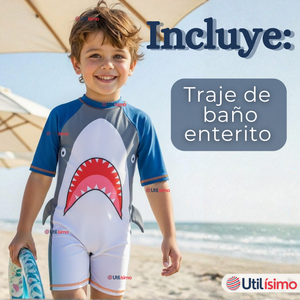 Traje de Baño Enterito Con Cremallera Manga Larga Niño 2 a 6 años Gray Shark