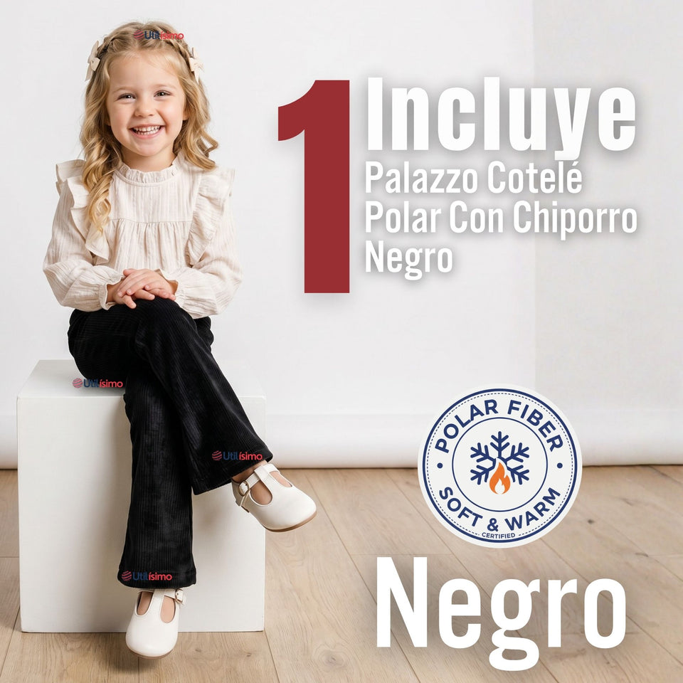 Calza Palazzo Polar Con Chiporro Niña Elasticada Térmica Negra