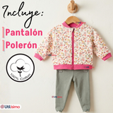Conjunto 2 Piezas Buzo Pantalón Y Polerón De Algodón Rosado Flores Bebé Niña