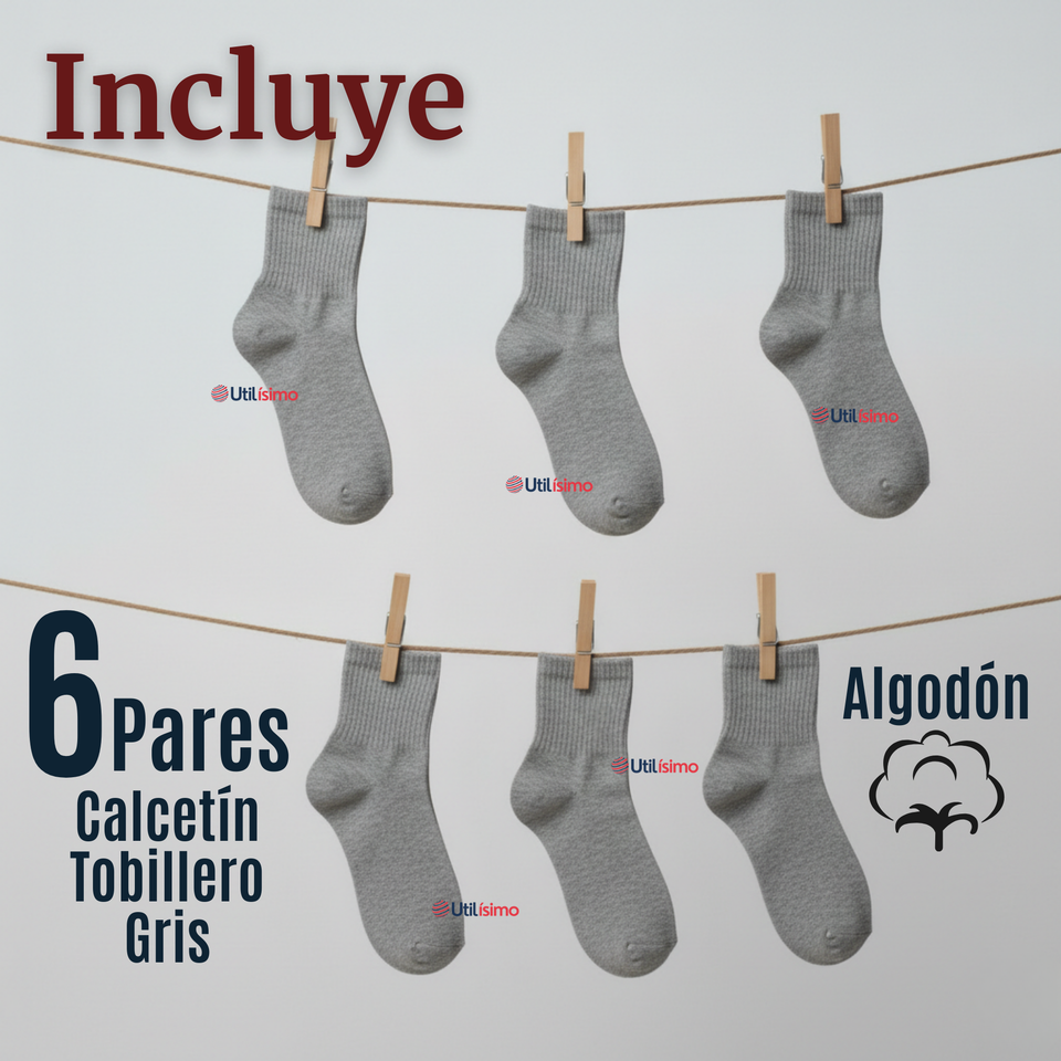 Pack 6 Pares Calcetines Tobilleras Cortos Algodón Color Gris Niña y Niño