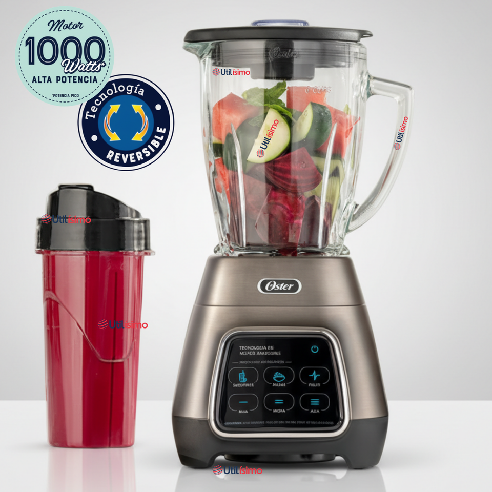 Licuadora Oster® programas automáticos con tecnología reversible, pantalla táctil y vaso BLend-N-Go BLSTPYG1312XBG