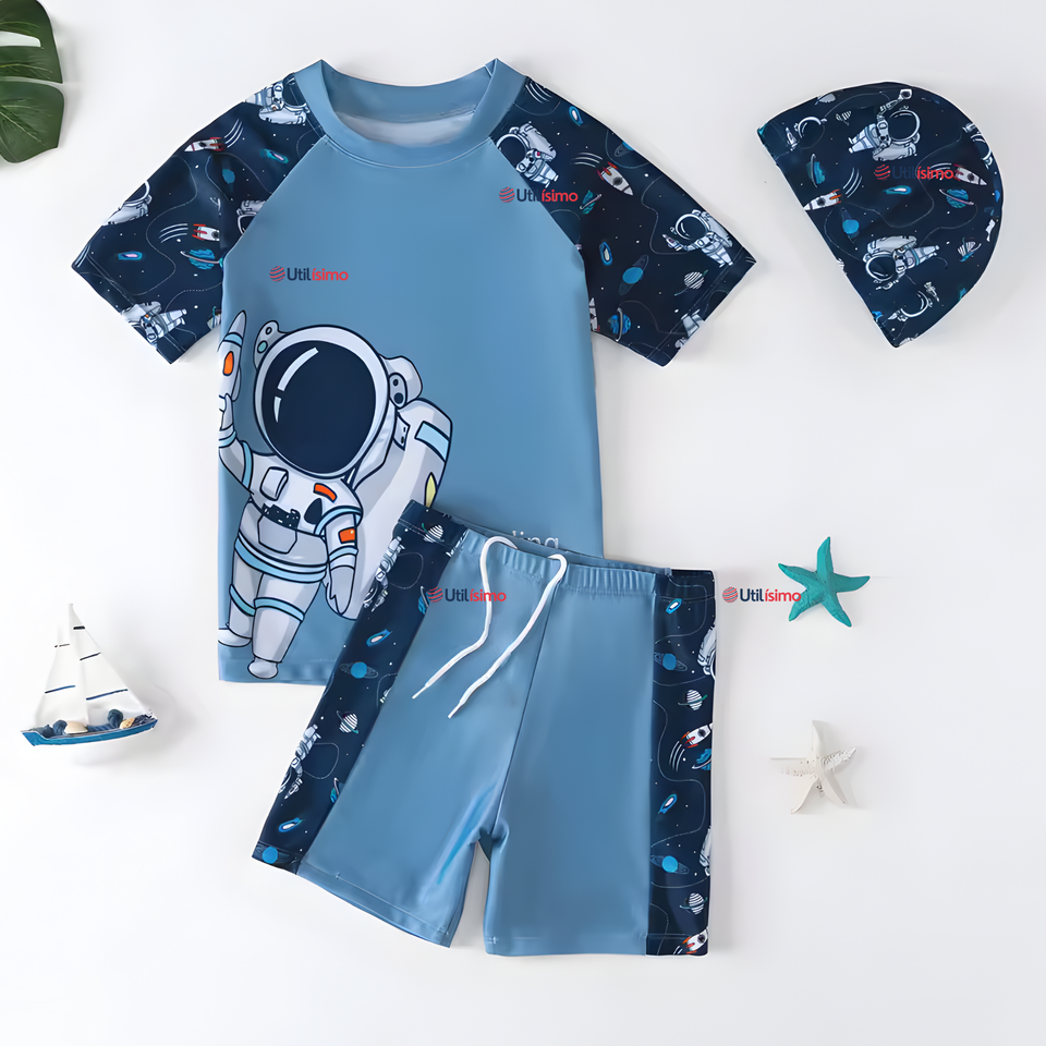 Traje De Baño 2 Piezas Con Gorro Niño 4 a 14 Años Protección Completa Astronaut