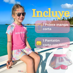 Traje De Baño Manga Corta y Pantalón Corto Con Falda 2 Piezas Niña de 6 a 13 Años Pink Beach