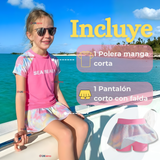 Traje De Baño Manga Corta y Pantalón Corto Con Falda 2 Piezas Niña de 6 a 13 Años Pink Beach