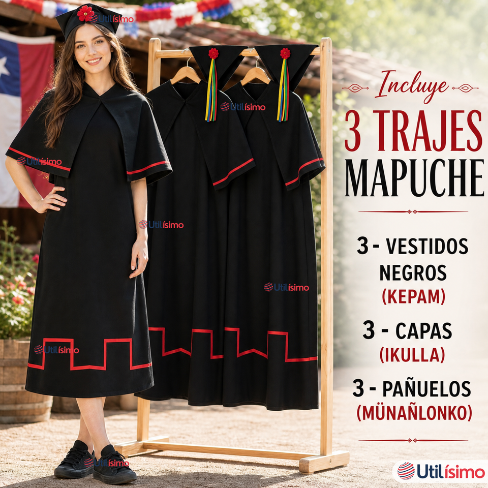 Pack 3 Trajes Típicos Vestidos Mapuche 9 Piezas Mujer Fechas Patrias