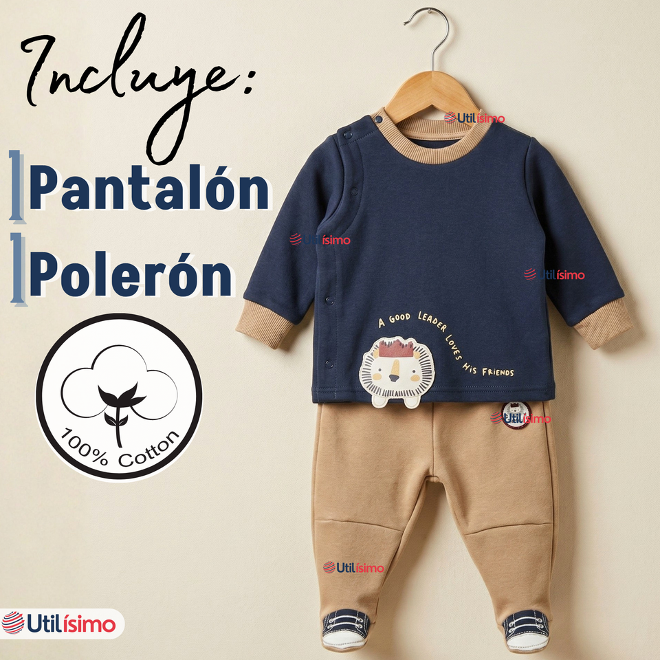 Conjunto 2 Piezas Buzo Pantalón Y Polerón De Algodón Azul León Bebé Niño