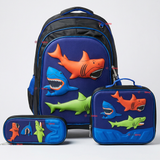 Mochila Escolar Con Ruedas + Estuche + Lonchera 46cm Desmontable Poliéster Azul Tiburón Niño