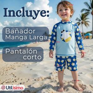 Traje de Baño Manga Larga Pantalón Corto 2 Piezas Corte Split Niño 3 a 9 años Blue Polar Bear