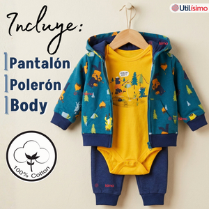 Conjunto 3 Piezas Buzo Pantalón Polerón Body De Algodón Amarillo Osos Bebé Niño