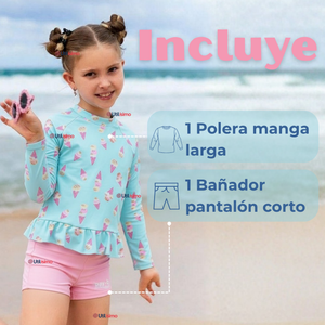 Traje De Baño Manga Larga y Pantalón Corto 2 Piezas Niña de 2 a 7 años Sweet Ice Creams
