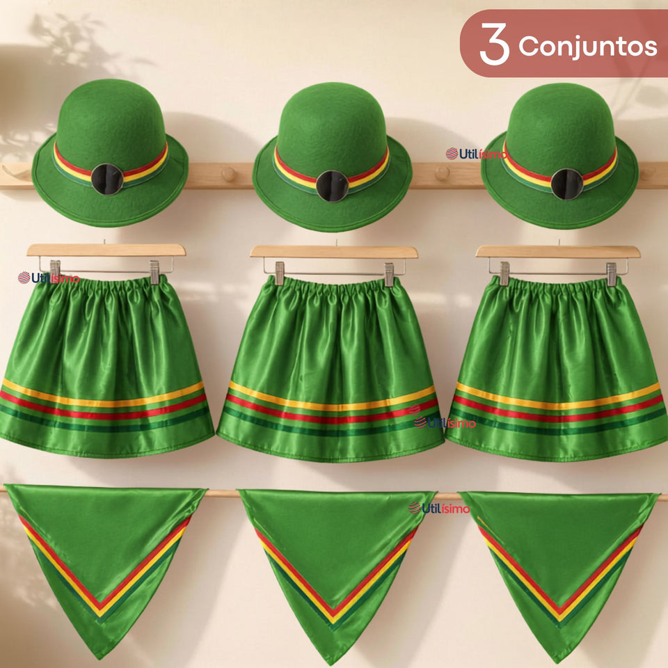 Pack 3 Trajes Nortinos Niña 3 piezas Verde Baile Típico Fiestas Patrias