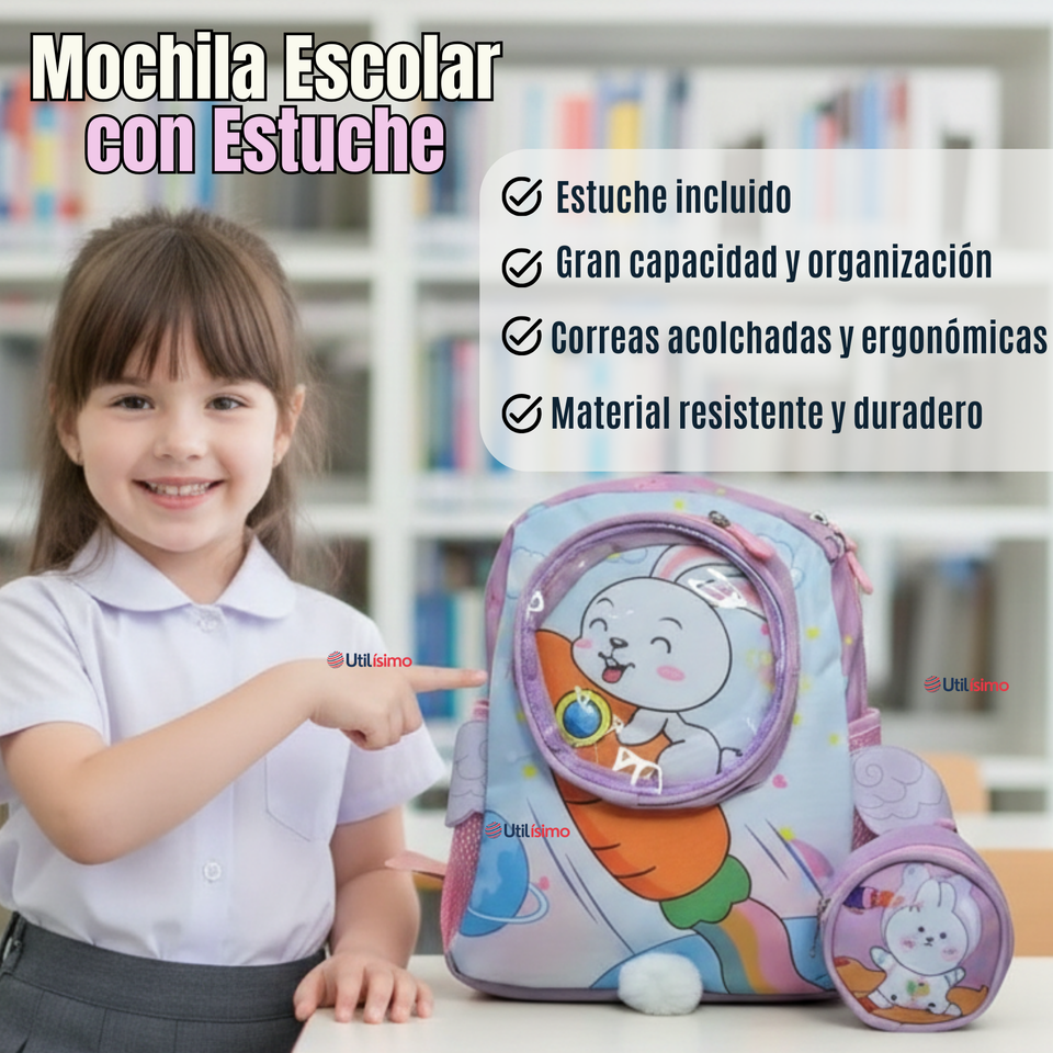 Mochila Escolar Con Estuche 33cm Poliéster Impermeable Conejita Niña