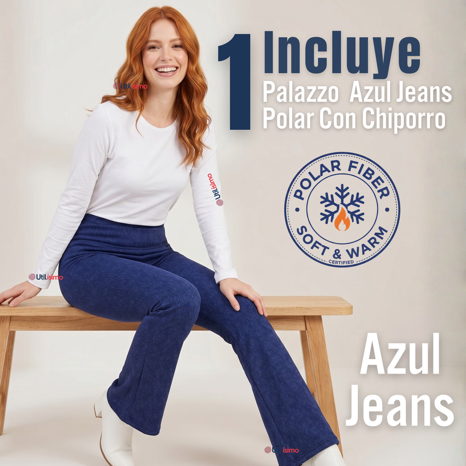 Calza Polar Con Chiporro Palazzo Mujer Elasticada Térmica Azul jeans