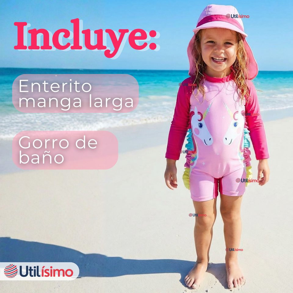 Traje de Baño Enterito Cremallera Manga Larga Con Gorro Niña 1 a 5 años Pink Unicorn
