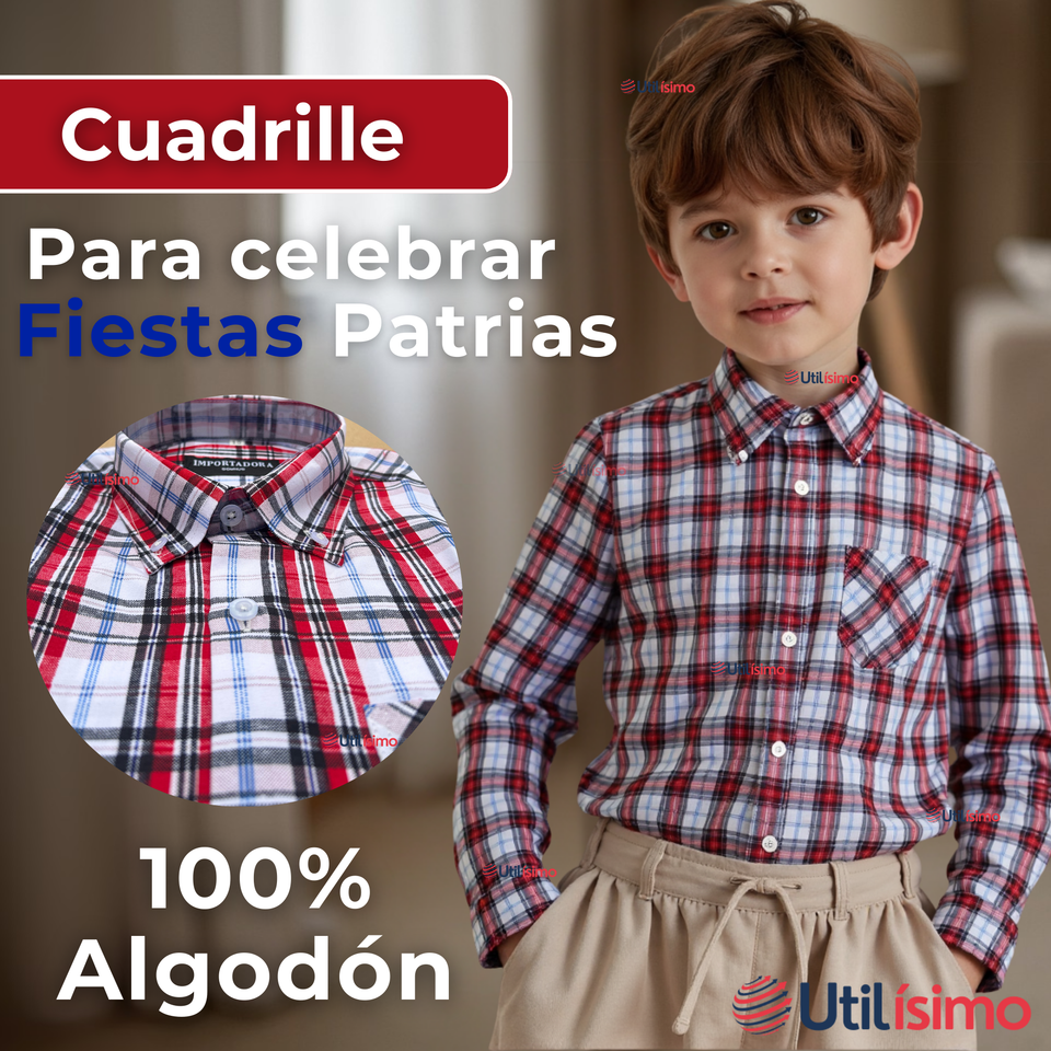 Camisa Huaso Cuadrillé Cuadro Manga Larga 100% Algodón Azul Blanco Casual