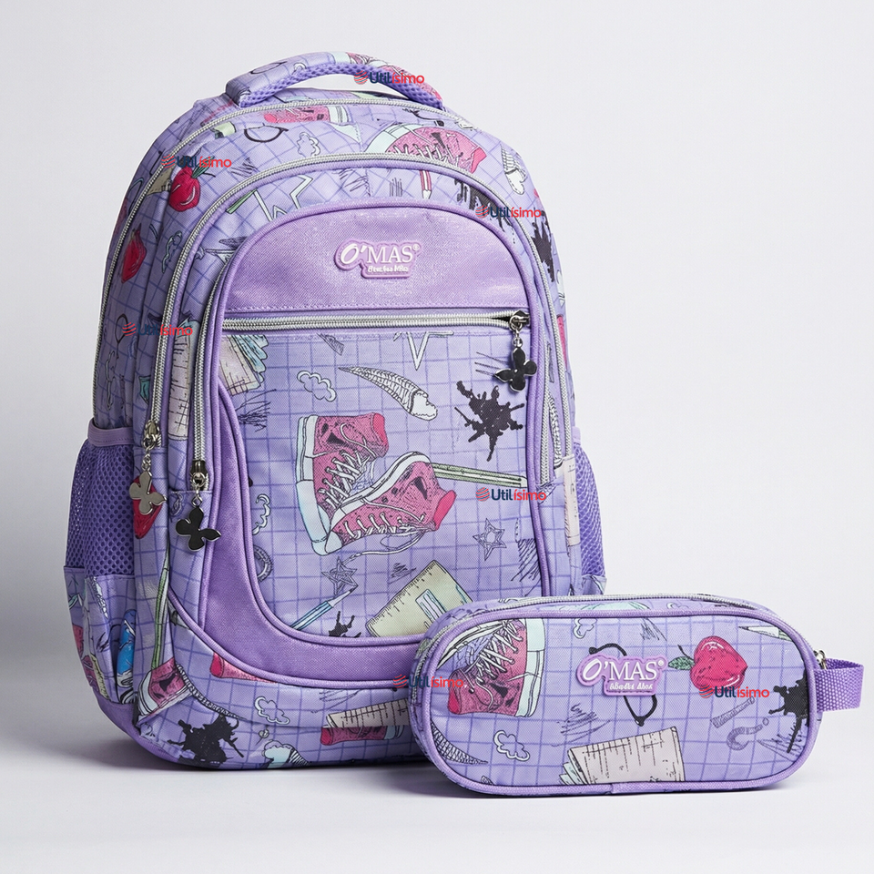 Mochila Escolar Con Estuche 43cm Tela Oxford Lila Niña