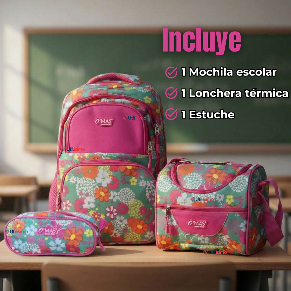 Mochila Escolar Kit Con Estuche y Lonchera 43cm Tela Oxford Niña