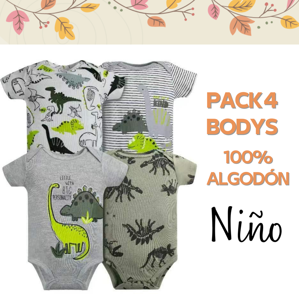 Pack 4 Bodys Niño Manga Corta Tedmimak 100% Dinosaurios Animados