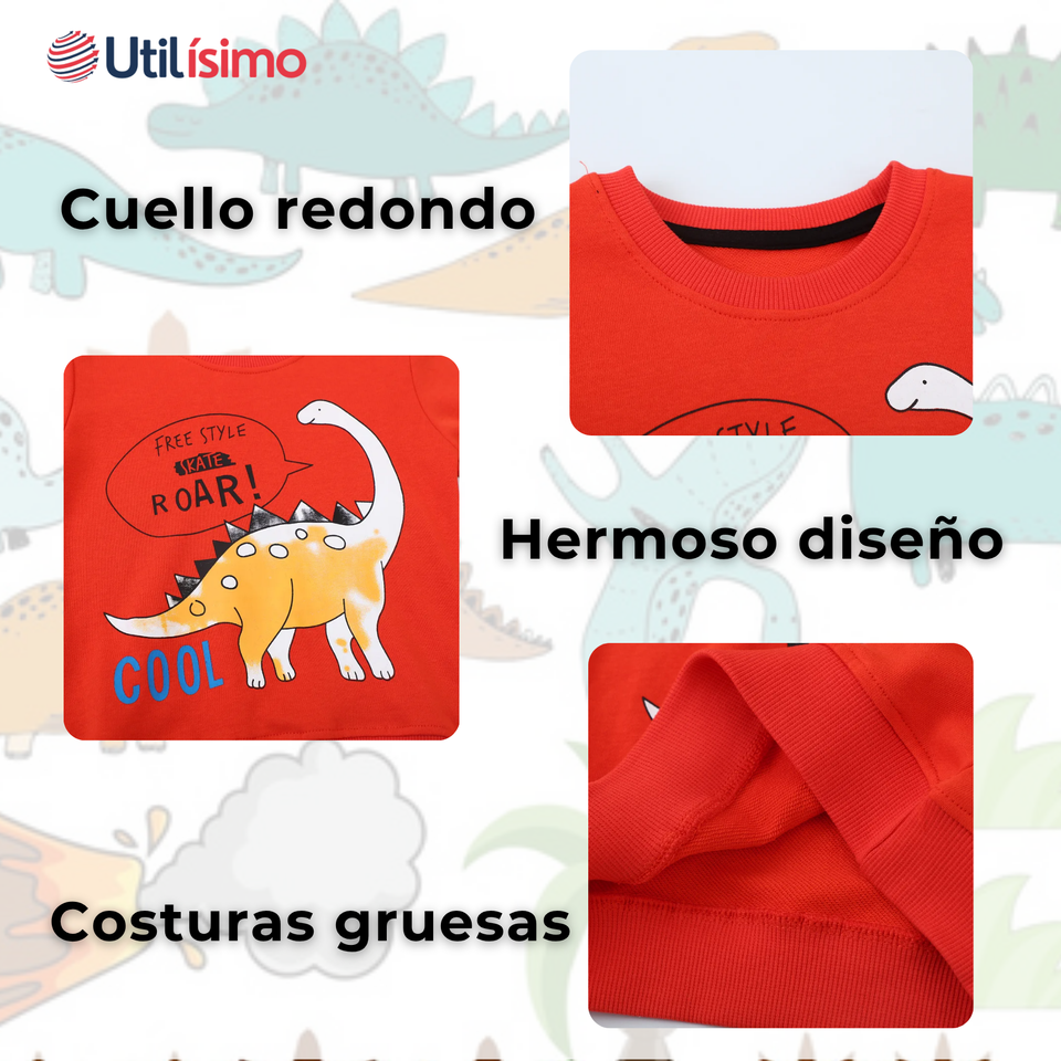 Polerón Algodón Cuello Redondo Niño Naranja Dinosaurio