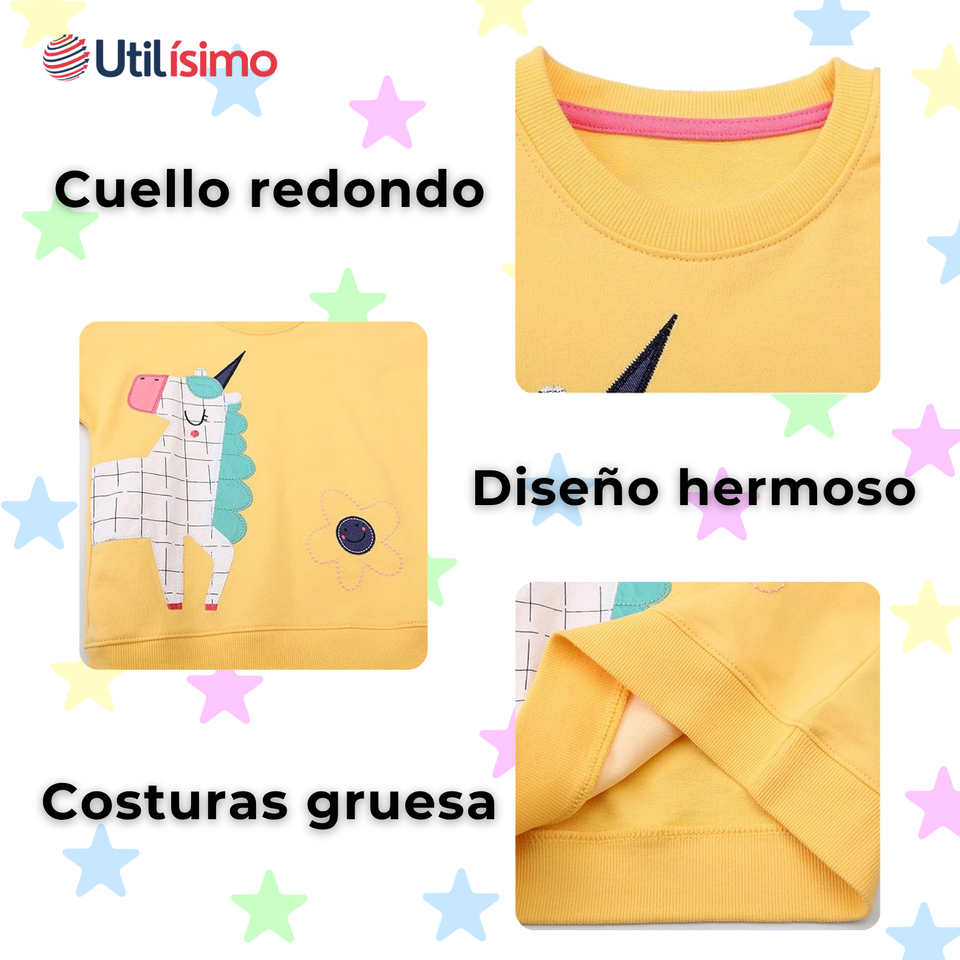 Polerón Algodón Cuello Redondo Niña Amarillo Unicornio