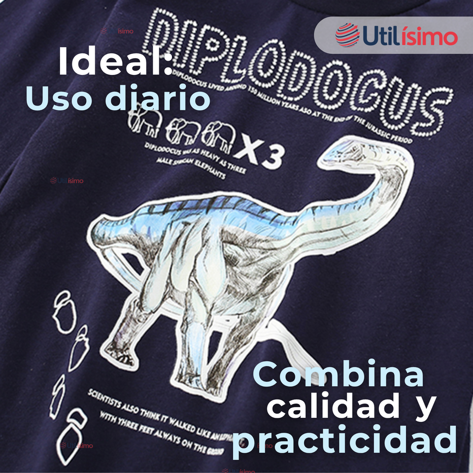 Polera Manga Larga Niño 100% Algodón Dinosaurio Azul Camiseta