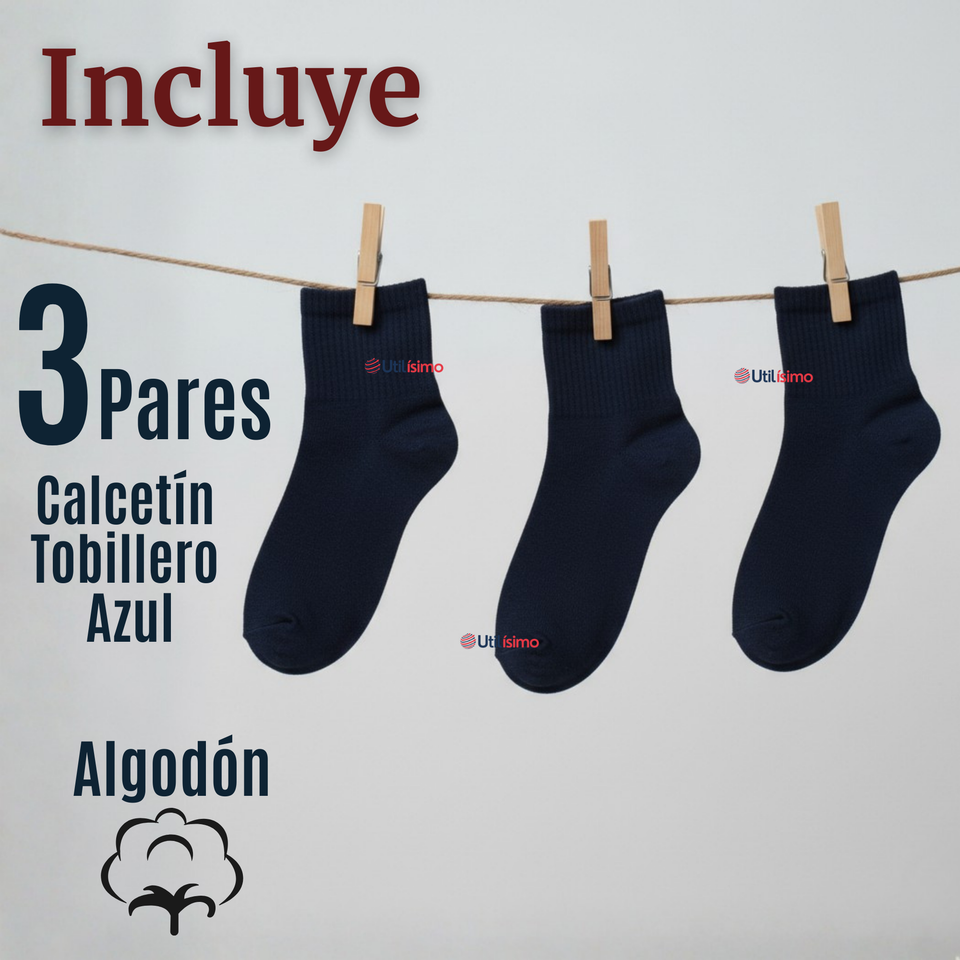Pack 3 Pares Calcetines Tobilleras Cortos Algodón Color Azul Niña y Niño