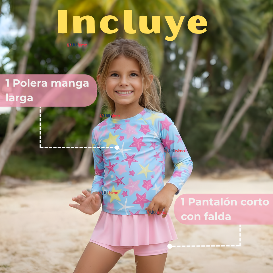 Traje De Baño Manga Larga Con Pantalón Corto y Falda 2 Piezas Niña de 2 a 7 años Starfish