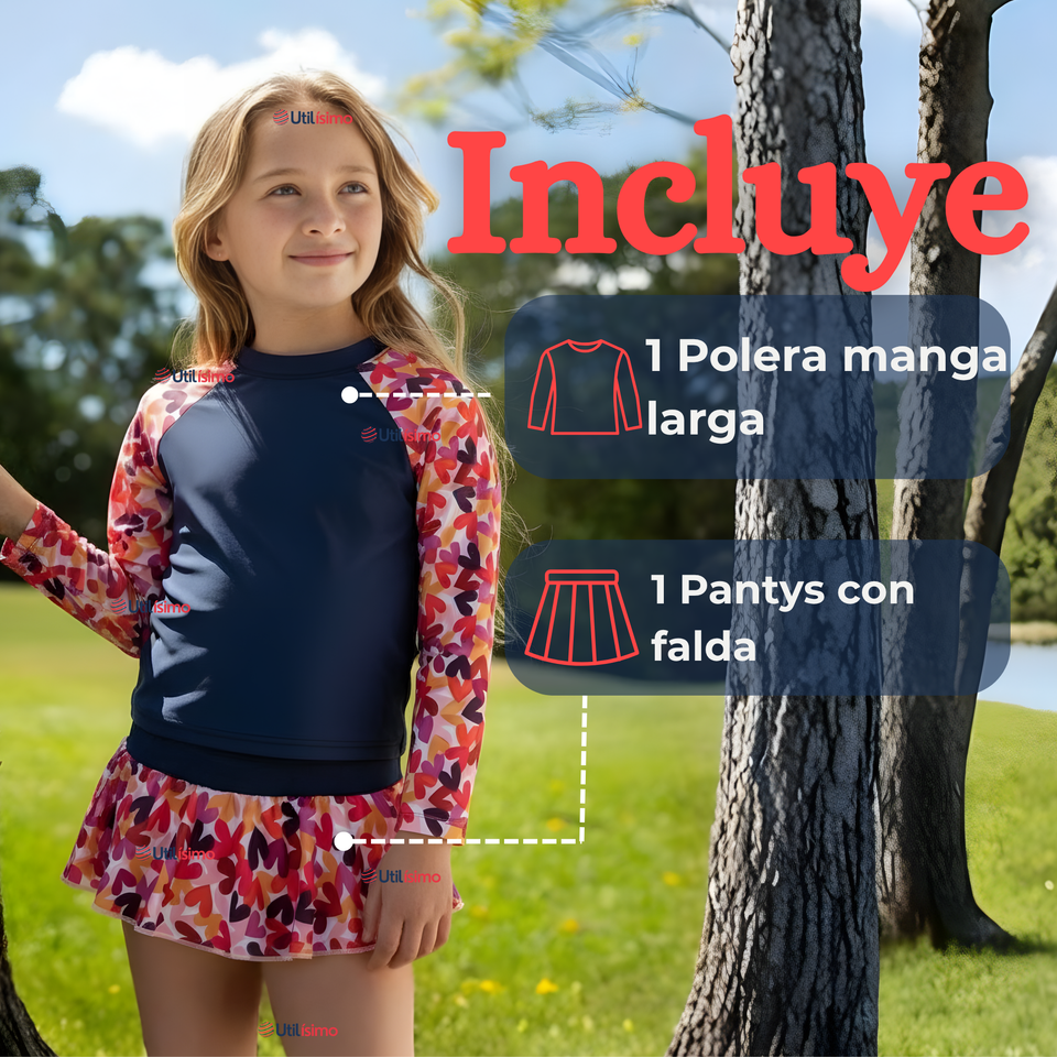 Traje De Baño Manga Larga Estilo Tankini Con Falda Niña 2 a 7 años Happy Hearts