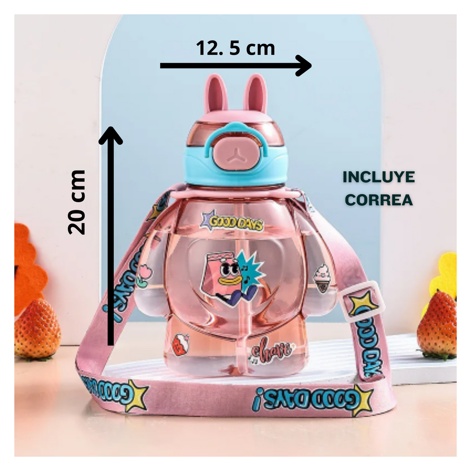 Botella Plástica 650ML Con Correa Y Orejitas Estilo Kawai Sin BPA Niños