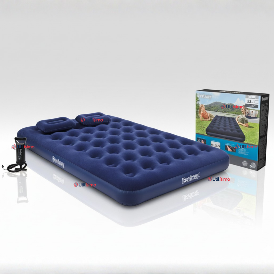 Colchón Inflable 2 Plazas Camping Más Inflador Y Dos Almohadas Bestway