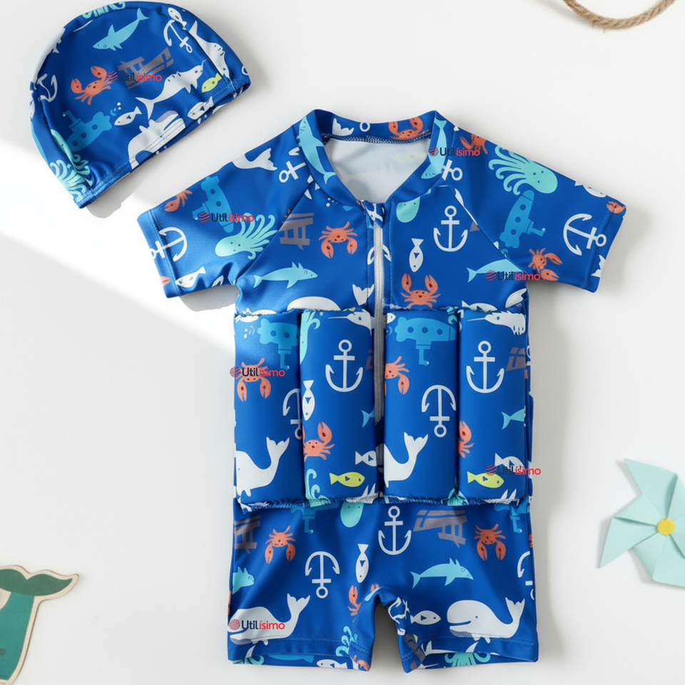 Traje de Baño Flotador Enterito Con Gorro Niño 2 Piezas 9 a 36 Meses Blue Sea