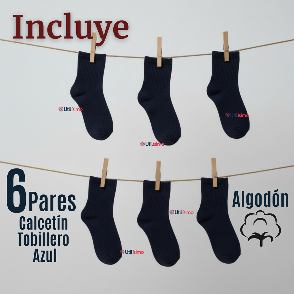 Pack 6 Pares Calcetines Tobilleras Cortos Algodón Color Azul Niña y Niño
