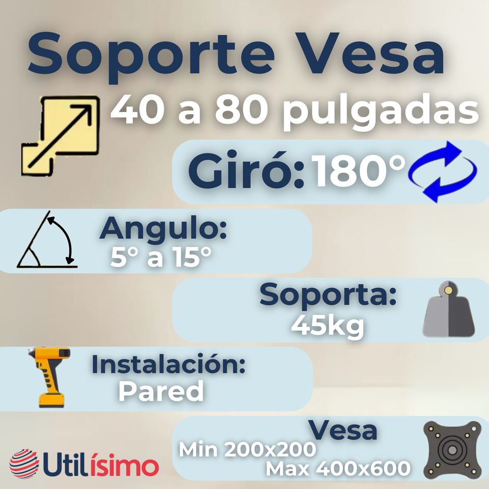 Soporte TV Pared Fijo 45Kg 40 a 80 Pulgadas 40 42 43 48 49 50 55 58 60 65 70 75 77 80